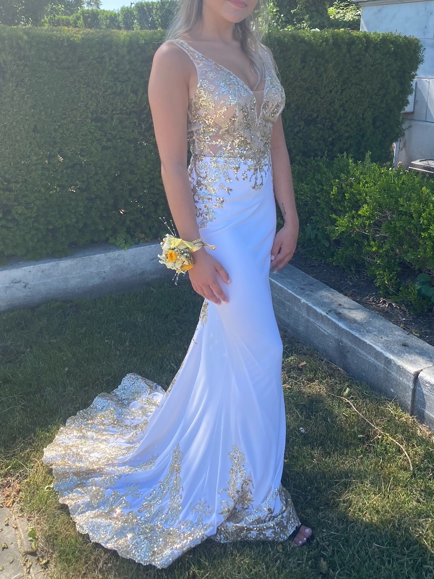Mori Lee White And Gold Sequin Prom Gown